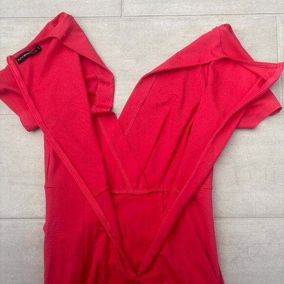 Sarin Mathews Bodycon Dress Surplice V Neck Short Sleeve Pink Ruched Tulip Hem S - Picture 7 of 7